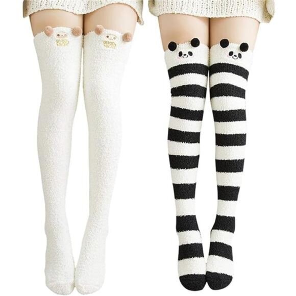 Womens Over Knee High Fuzzy Socks Cute Cartoon Thigh High Stockings Warm Stripe - Picture 8 of 8